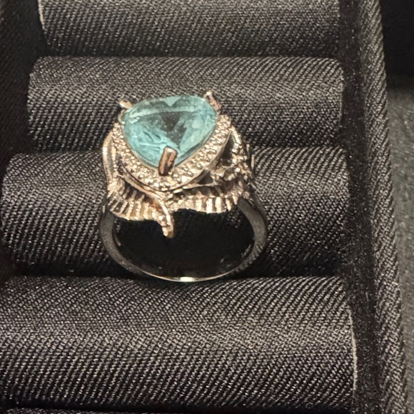 Vintage Blue Stone Heart with Leaves Wrap around Design Silver Ring - Picture 3 of 14